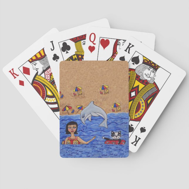 Jeu De Cartes Art populaire Lady Cat Beach Océan Dauphin natatio (dos)