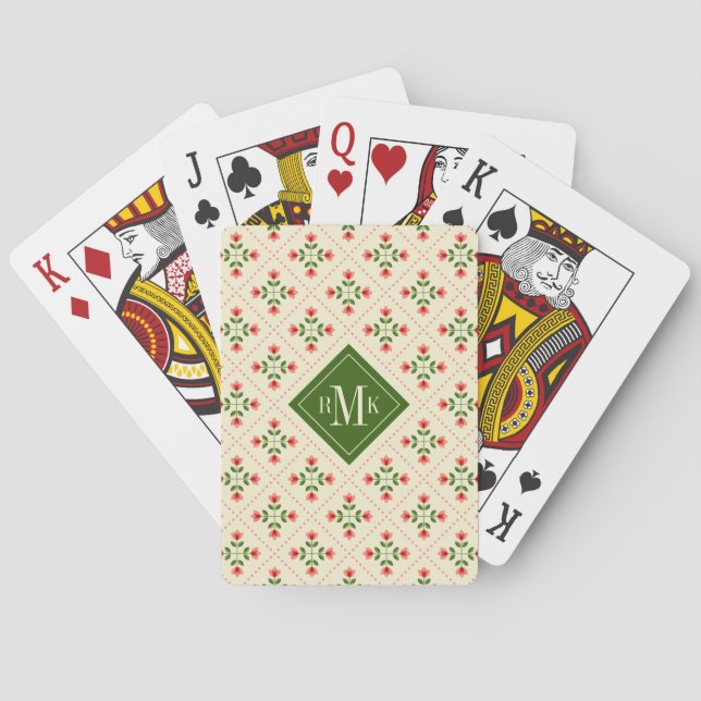 Jeu De Cartes Art populaire rose du monogramme | et vert floral (dos)