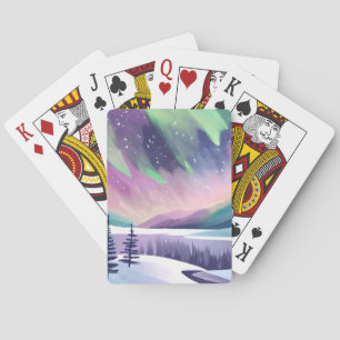 Jeu De Cartes Aurores Boréales Nuit d'Hiver Colorée Aquarelle