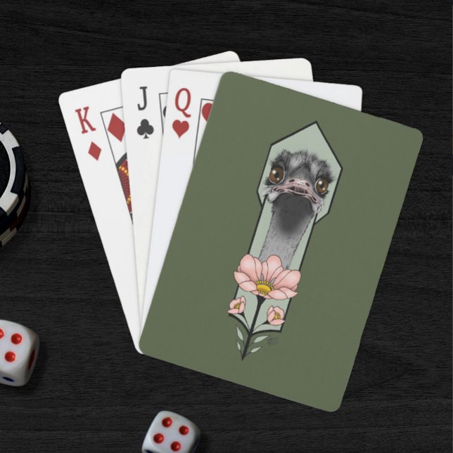 Jeu De Cartes Autruche Rose Fleurs Vert Olive Art Déco (Créateur téléchargé)
