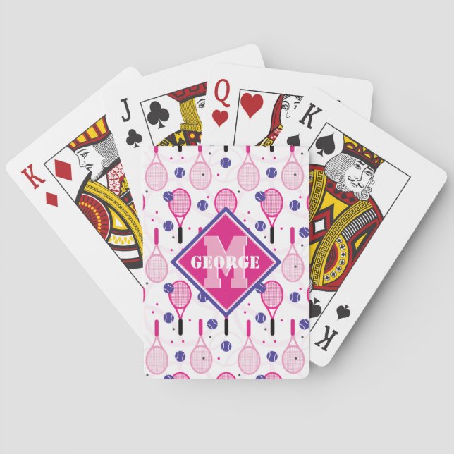 Jeu De Cartes Avec nom & initiale, raquettes de tennis rose & vi (dos)