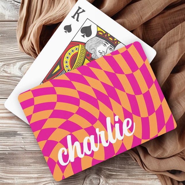 Jeu De Cartes Balayage de damier rétro vague chaude rose orange (Retro checkerboard swirl wave hot pink orange playing cards)