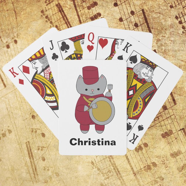 Jeu De Cartes Bande de Marches de Chat Personnaliser Maroon et O (A cute deck of playing cards featuring a bass drum playing cat in maroon and gold)