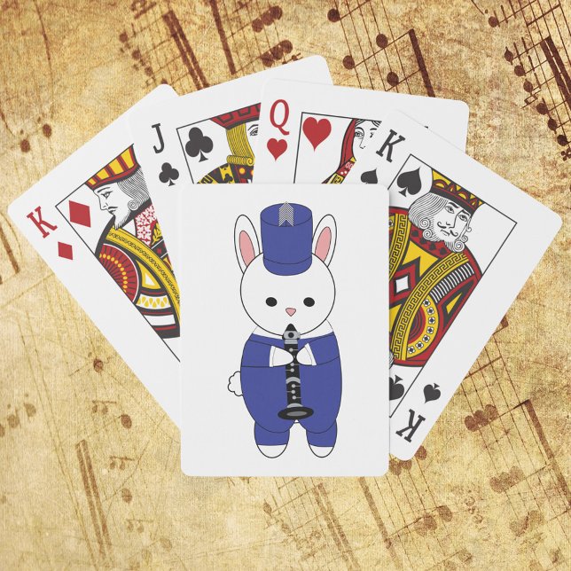 Jeu De Cartes Bande de Marquage Clarinet Rabbit Bleu Blanc (A deck of playing cards featuring a rabbit playing the clarinet in a blue & white marching uniform)
