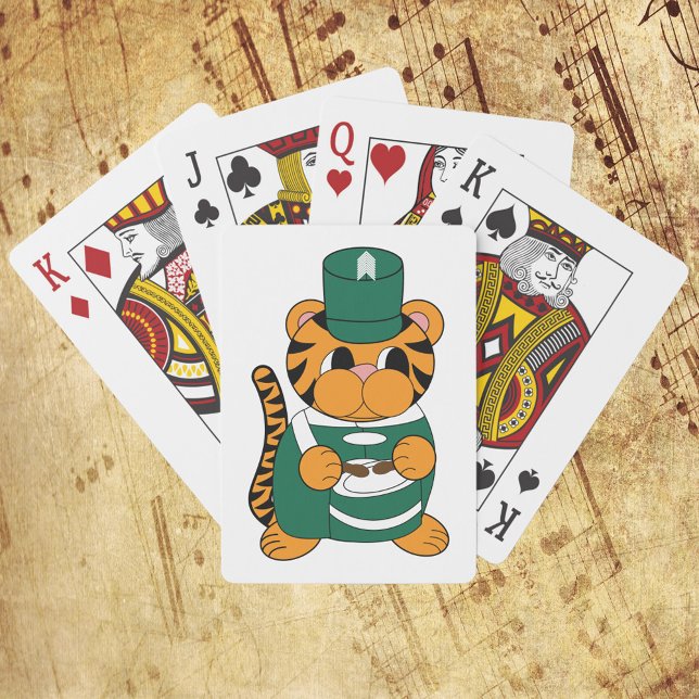 Jeu De Cartes Bande Marchande tambour tigre vert et blanc (Playing cards featuring a tiger in a green & white marching band uniform while playing drums.)