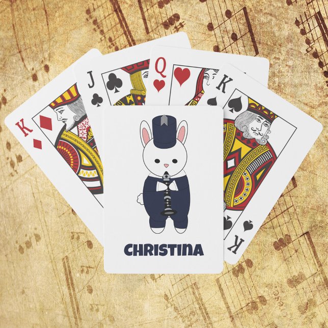 Jeu De Cartes Bande Marche Clarinet Rabbit Bleu Personnaliser (Playing cards with a rabbit playing clarinet in a navy blue and white marching band uniform.)