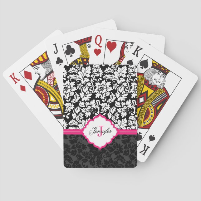 Jeu De Cartes Bande rose damassé noir et blanc monogramme (dos)