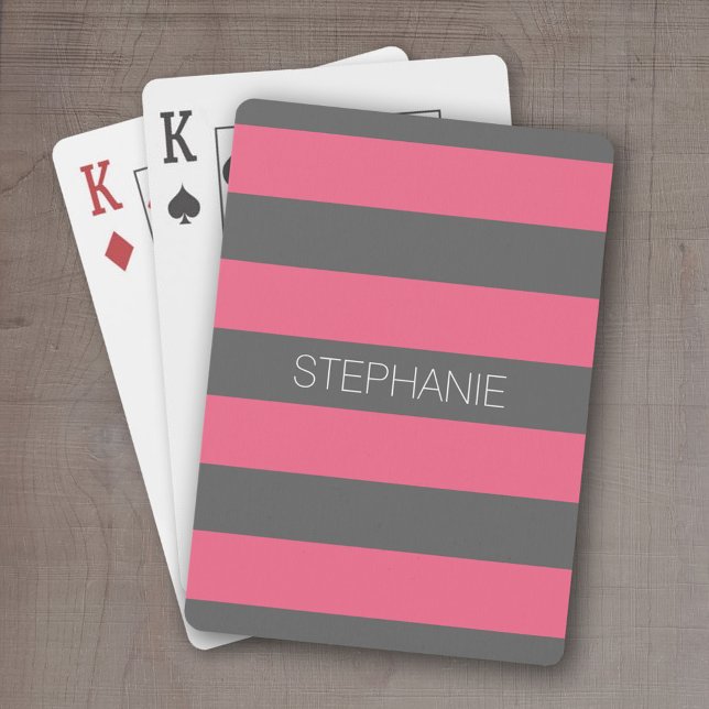 Jeu De Cartes Bandes de rugby rose et gris avec nom personnalisé (Personalized playing cards - sporty, preppy stripe pattern with name. )