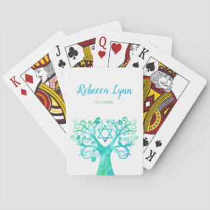 Jeu De Cartes Bat mitzvah turquoise d'aquarelle verte Arbre de v