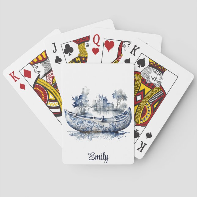 Jeu De Cartes Bateau de style Delft bleu et blanc avec scène de  (dos)