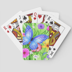 Jeu De Cartes Beau Papillon Bleu avec fleurs Aquarelle
