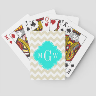 Jeu De Cartes Beige Blanc Chevron Aqua Quatrefoil 3 Monogramme