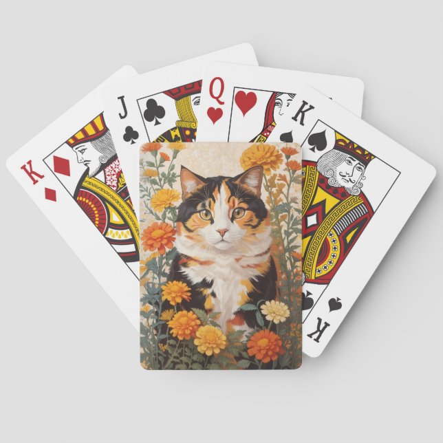 Jeu De Cartes Belle Chat Calico Avec Fleurs Marigold (dos)
