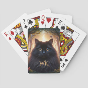 Jeu De Cartes Belle Fluffy Chat Noir avec Yeux Or Monogramme
