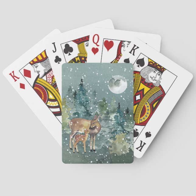 Jeu De Cartes Biche et faon dans une forêt enneigée sous la plei (dos)