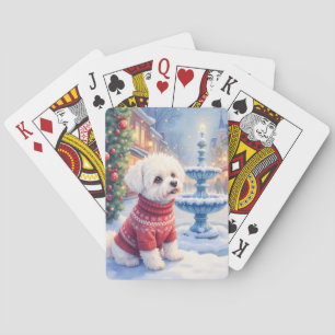 Jeu De Cartes Bichon Frise à l'aquarelle Fontaine festive Noël