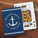 Jeu De Cartes Bienvenue à bord du bateau nom d'ancre corde bleu<br><div class="desc">Jouer des cartes avec le texte blanc "bienvenue à bord" et votre nom de bateau personnalisé autour d'une ancre nautique sur un arrière - plan bleu foncé,  En haut et en bas sont des bordures de corde.</div>