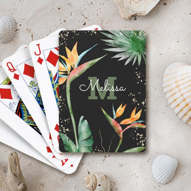Jeu De Cartes Black Gold Tropical Island Floral Monogramme Scrip (Créateur téléchargé)