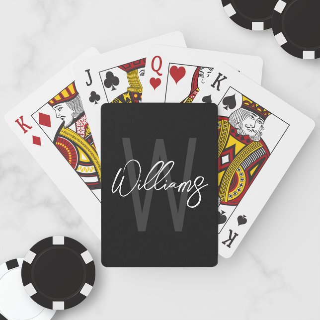 Jeu De Cartes Black Modern Script Personnalisé Monogramme et nom (Créateur téléchargé)