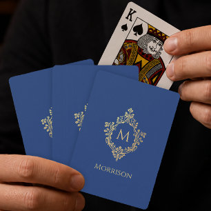 Jeu De Cartes Blason de monogramme bleu royal or élégant vintage