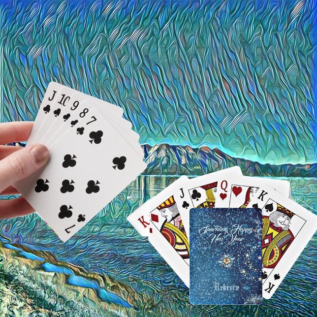 Jeu De Cartes Bleu étincelant Parties scintillant du Nouvel An É (Blue Sparkling New Year Glitter Cheer Stars Floral Playing Cards)
