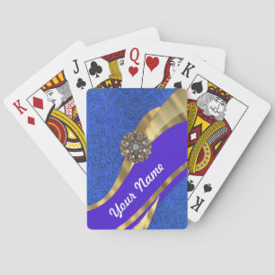 Jeu De Cartes Bleu floral damas & ruban doré
