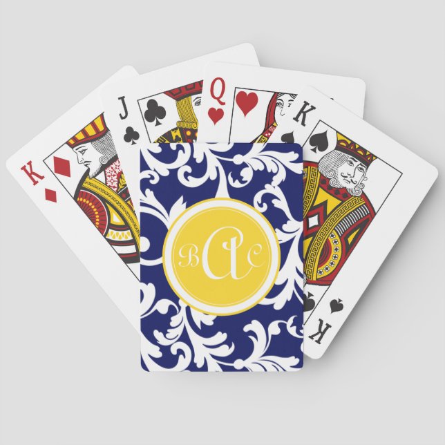 Jeu De Cartes Bleu marine et copie décorée d'un monogramme jaune (dos)