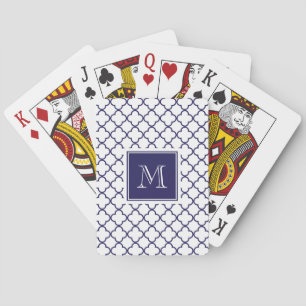 Jeu De Cartes Bleu marine, Quatrefoil blanc votre monogramme