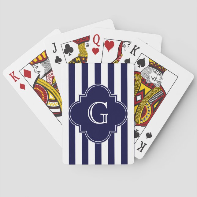 Jeu De Cartes Bleu Marine Rayures Blanches, Monogramme Label Nav (dos)