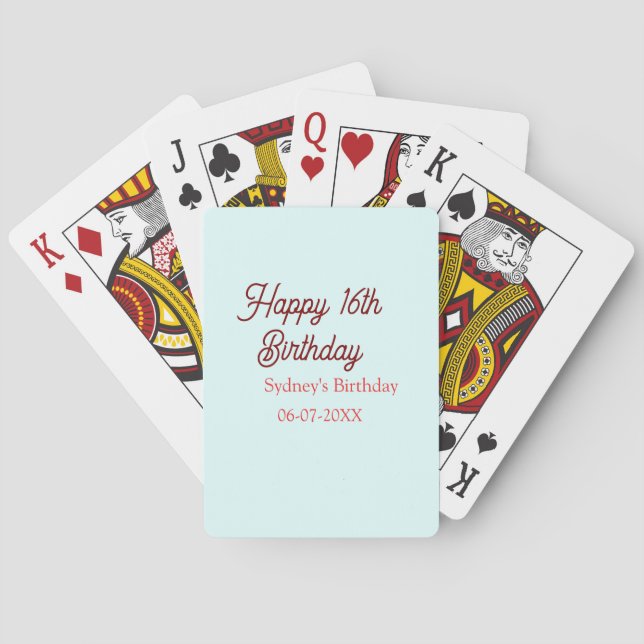 Jeu De Cartes Bleu pastel rouge joyeux 16e anniversaire nom date (dos)