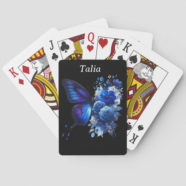 Jeu De Cartes Bleu sur Papillon floral noir Personnalisé (dos)