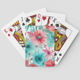 Jeu De Cartes bleu turquoise Aquarelle rouge Fleurs de printemps