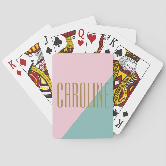 Jeu De Cartes Bloc de couleur géométrique Nom personnalisé rose  (dos)