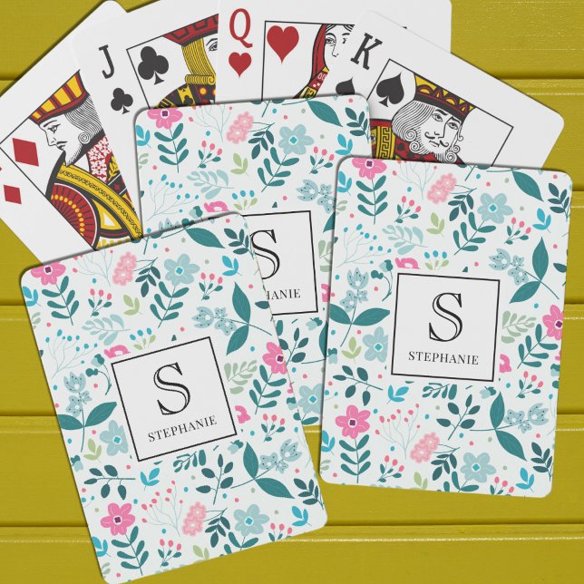 Jeu De Cartes Blue and Pink Floral Pattern with Monogram Name (Créateur téléchargé)