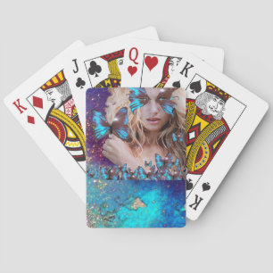 JEU DE CARTES BLUE BUTTERFLY WITH GREEN GOLD SPARKLES