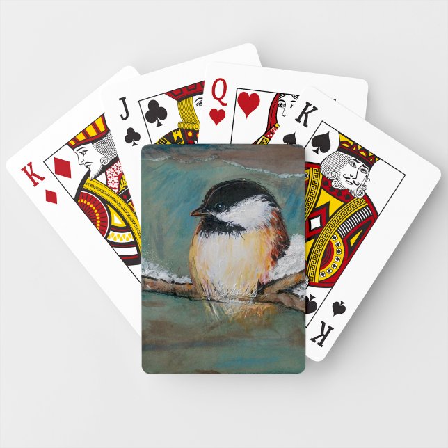 Jeu De Cartes Boeuf mignon à chapeau noir Peinture hivernale aux (Cute Chickadee Bird Art playing cards from Jenn's Emporium. )