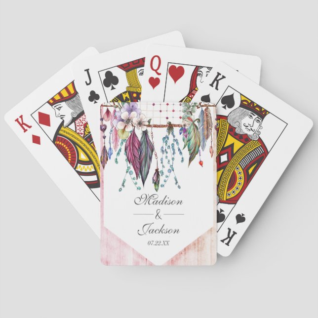 Jeu De Cartes Boho Dreamcatcher & Plumes Mariage rose Favoriser (dos)