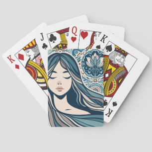 Jeu De Cartes Boho Mosaic femme Portrait avec Floral Blue Art
