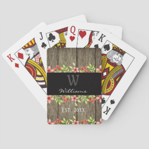 Jeu De Cartes Bois rustique et nom de famille floral monogramme