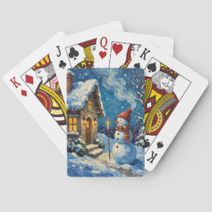 Jeu De Cartes Bonhomme de neige vintage près d'un cottage de Noë