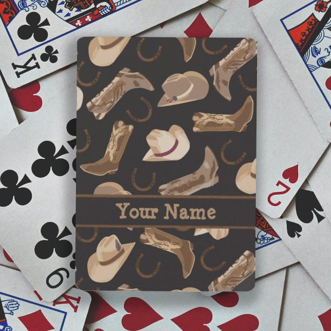 Jeu De Cartes Boots Casquettes Western Cowboy Nom Brown noir (Deck of playing cards features cowboy cowgirl western boots and hat on black with personalized name)