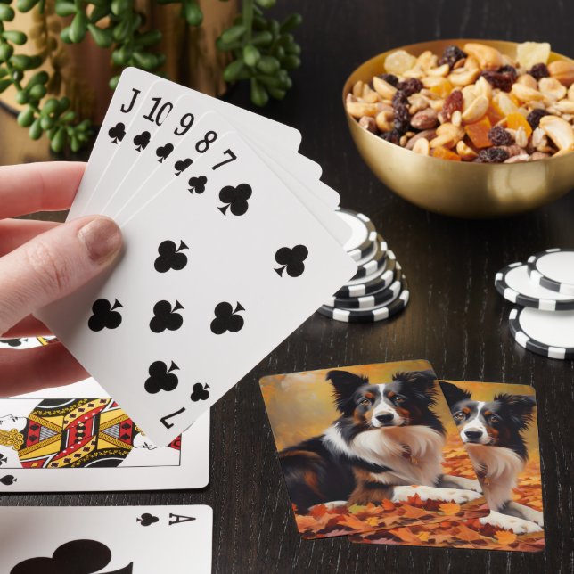 Jeu De Cartes Border Collie dans les feuilles d'automne chute In (In Situ)