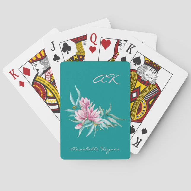 Jeu De Cartes Botanique rose et turquoise florale élégant monogr (dos)