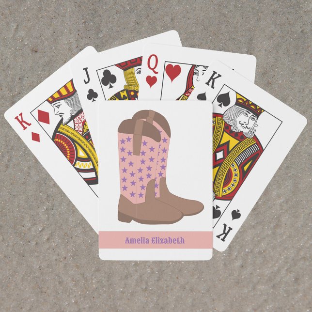 Jeu De Cartes Bottes Cowboy Étoiles Purple Rose Brown Personnali (A deck of playing cards with pink, brown and purple cowboy boots and text you can personalize!)