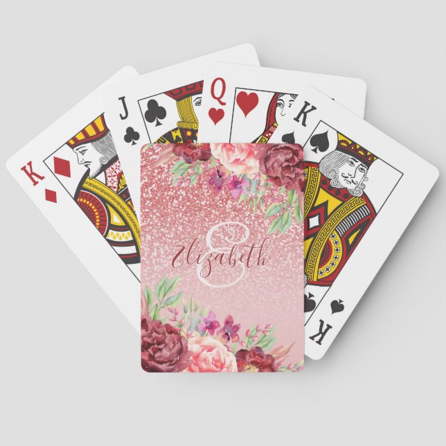 Jeu De Cartes Bourgogne Floral Rose Gold Parties scintillant per (dos)
