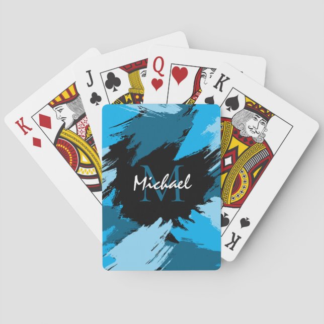 Jeu De Cartes Brosse nuances de nom bleu avec monogramme (dos)