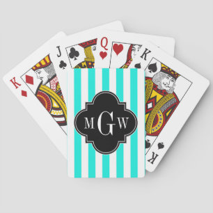 Jeu De Cartes Brt Aqua Wht Stripe Black Quatrefoil 3 Monogramme