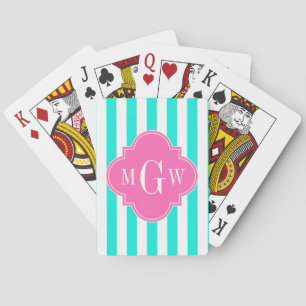 Jeu De Cartes Brt Aqua Wt Stripe HotPink#2 Quatrefoil 3 Monogram