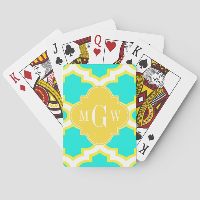 Jeu De Cartes Brt Aqua Yellow What Quatrefoil 3 Monogramme initi (dos)