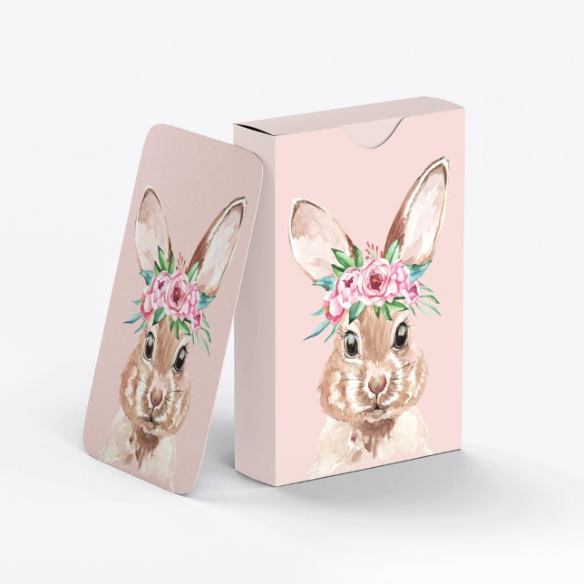 Jeu De Cartes Bunny D'Aquarelle Rose Pastel Moderne Avec Fleurs (Créateur téléchargé)